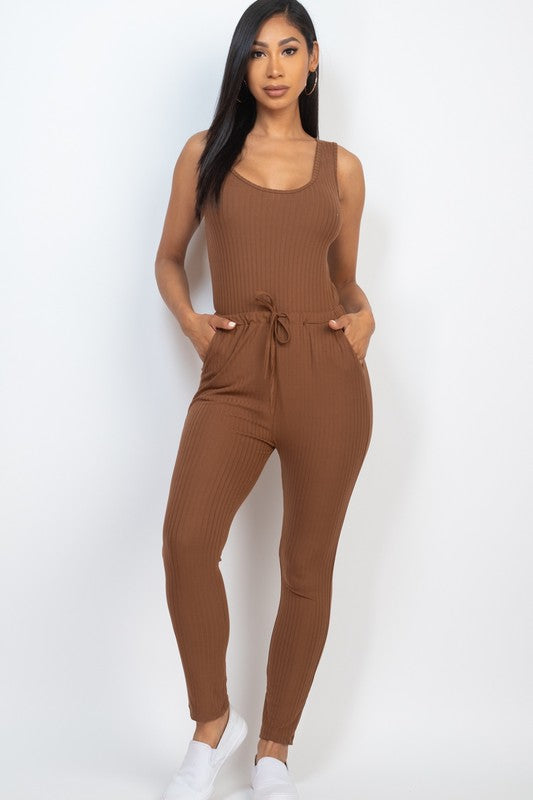 Ribbed Sleeveless Drawstring Jumpsuit – Bodycon Stretch Knit One-Piece Downtown Brown