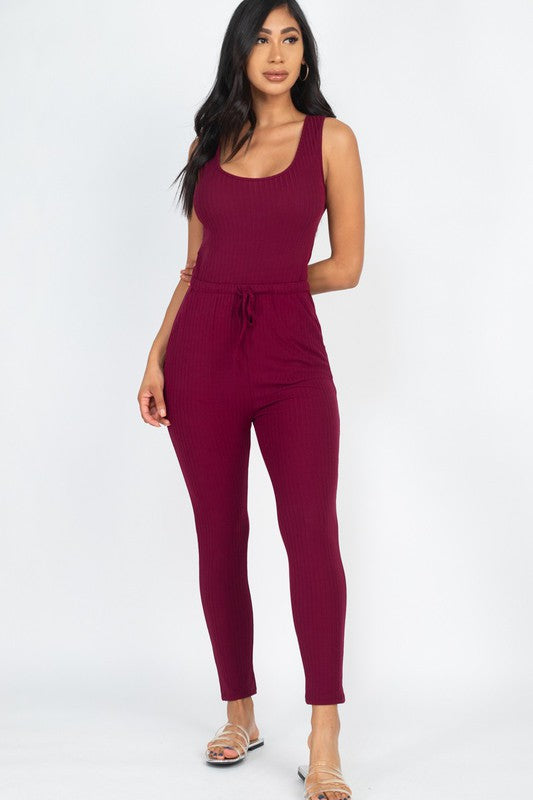 Ribbed Sleeveless Drawstring Jumpsuit – Bodycon Stretch Knit One-Piece Burgundy
