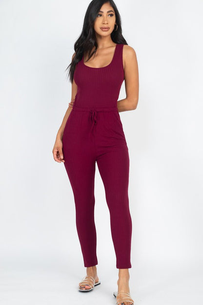 Ribbed Sleeveless Drawstring Jumpsuit – Bodycon Stretch Knit One-Piece Burgundy