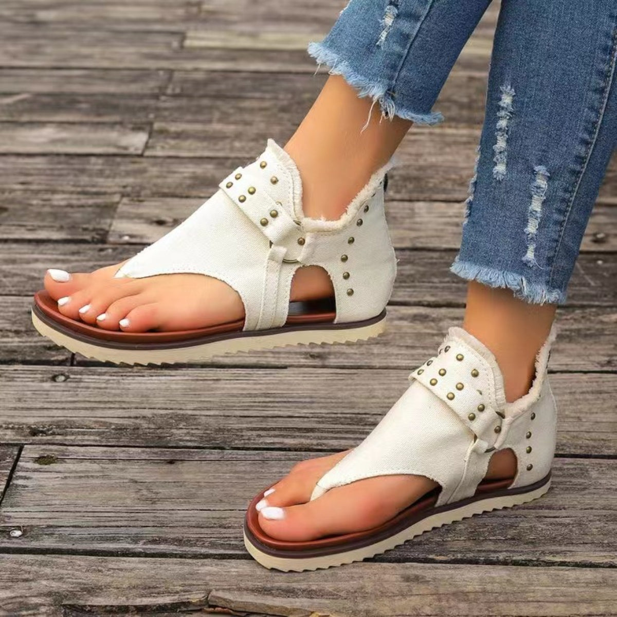 Women's Studded Raw Hem Flat Sandals