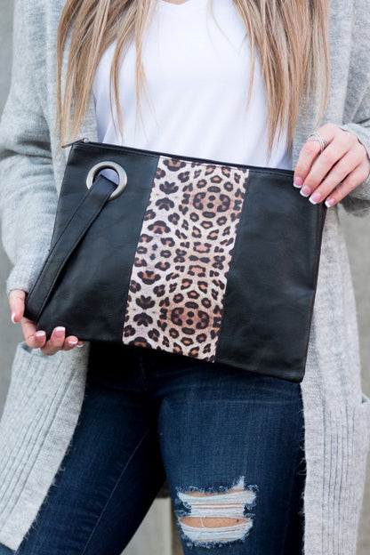 Leopard Color Block Clutch Bag