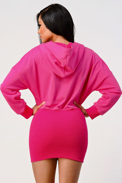 Pink Hoodie Zip-Up Mini Dress – Zipper Detail Pink L
