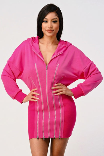 Pink Hoodie Zip-Up Mini Dress – Zipper Detail