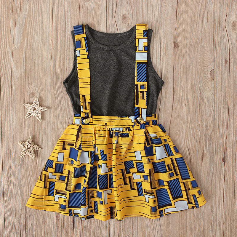 Girls Sleeveless Vest Top African Bohemian Style Strap Dress Two-piece Set