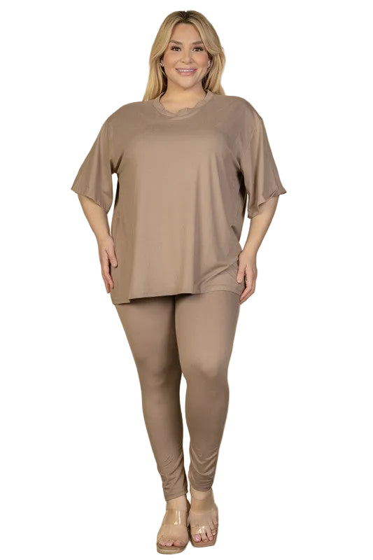 Plus Size Oversized Shirt & Leggings Set – Stretch Jersey Lounge Set Taupe Grey