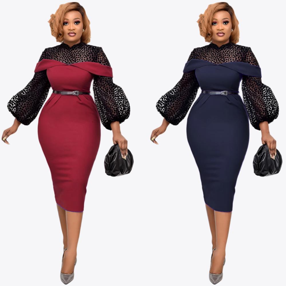 Plus Size African Polka Dot Lace Hollow Out Midi Dress