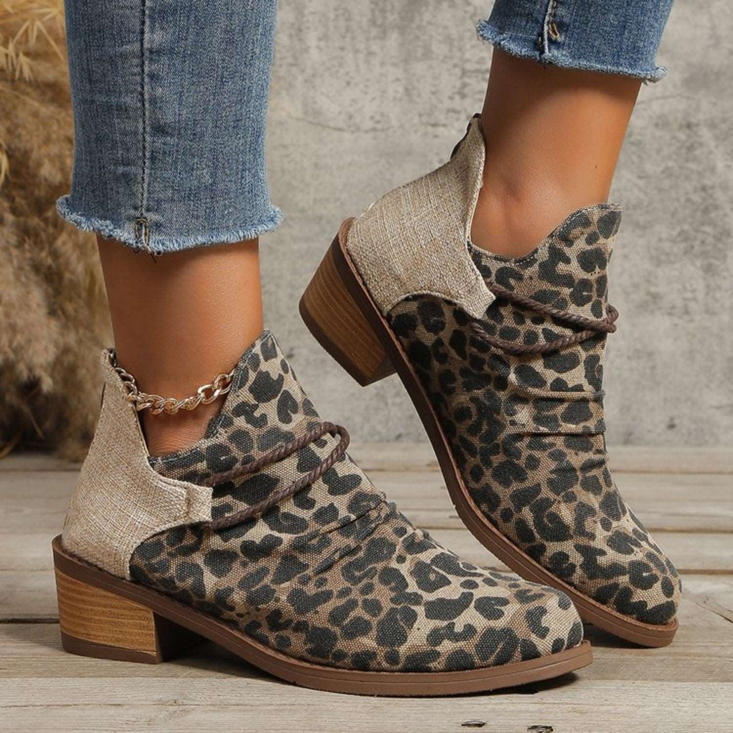 Contrast Canvas Low Heel Ankle Boots