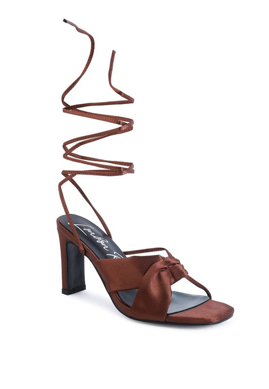 CHASM RUCHED SATIN TIE UP BLOCK HEELED SANDALS Tan