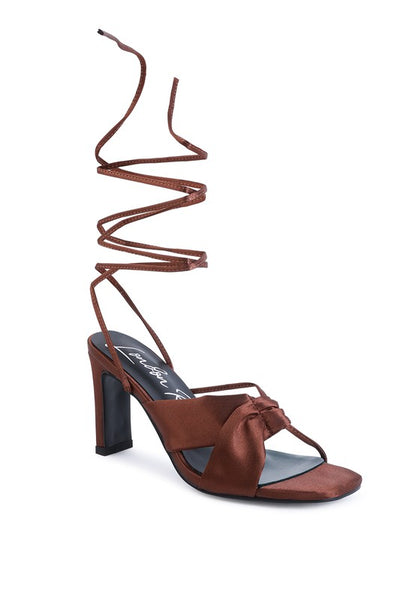 CHASM RUCHED SATIN TIE UP BLOCK HEELED SANDALS Tan