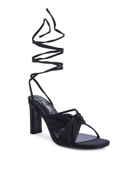 CHASM RUCHED SATIN TIE UP BLOCK HEELED SANDALS Black