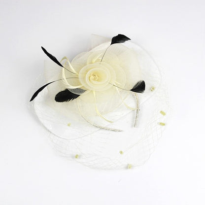 Flower Fascinator Headband with Clip – Rose, Feathers & Mesh Veil