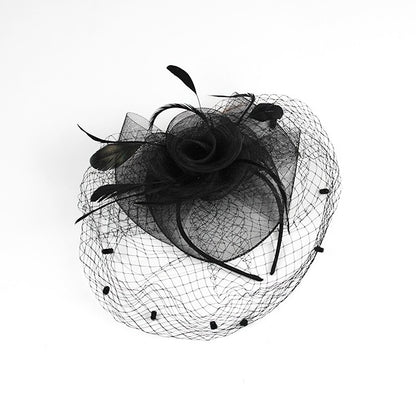 Flower Fascinator Headband with Clip – Rose, Feathers & Mesh Veil
