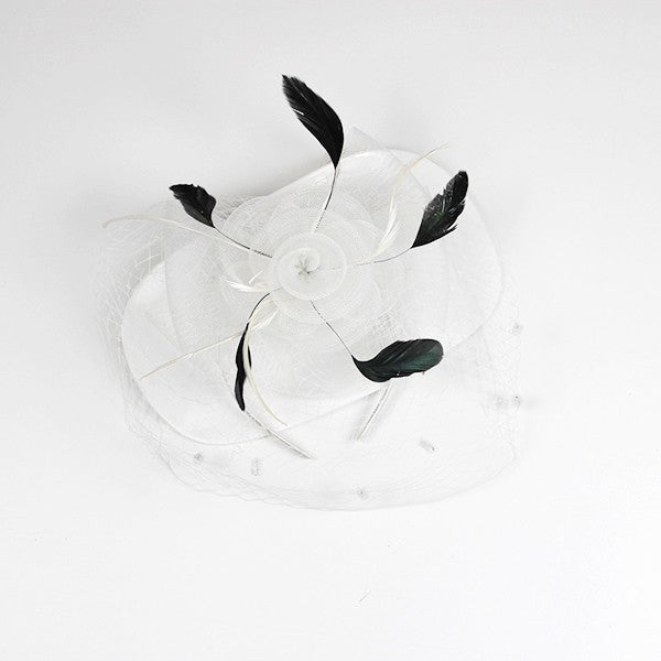 Flower Fascinator Headband with Clip – Rose, Feathers & Mesh Veil WHITE WTWT Os
