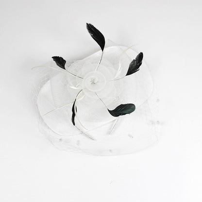 Flower Fascinator Headband with Clip – Rose, Feathers & Mesh Veil WHITE WTWT Os