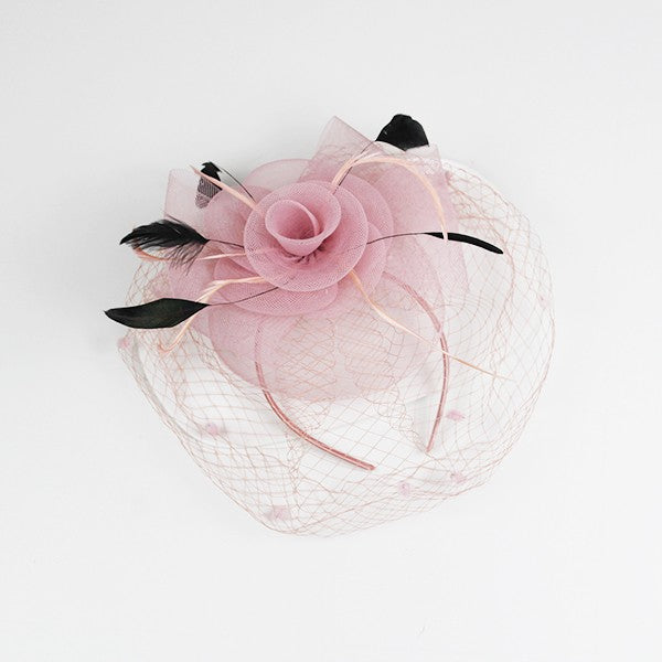 Flower Fascinator Headband with Clip – Rose, Feathers & Mesh Veil