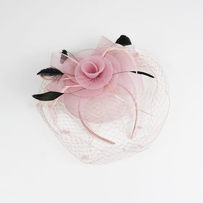 Flower Fascinator Headband with Clip – Rose, Feathers & Mesh Veil