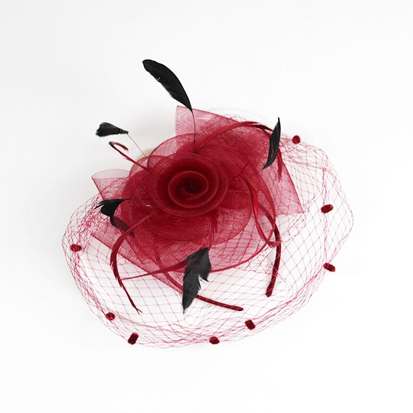 Flower Fascinator Headband with Clip – Rose, Feathers & Mesh Veil BURGUNDY BGBG Os