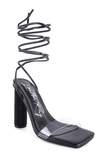 Scansta Lace-Up Diamante High Heel Sandal | Crystal Stud Block Heel Dress Shoe Black