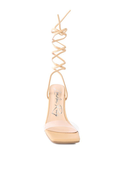 Scansta Lace-Up Diamante High Heel Sandal | Crystal Stud Block Heel Dress Shoe