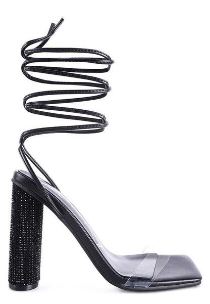 Scansta Lace-Up Diamante High Heel Sandal | Crystal Stud Block Heel Dress Shoe