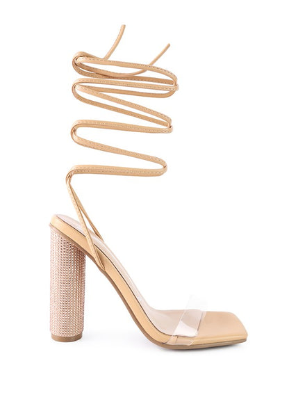 Scansta Lace-Up Diamante High Heel Sandal | Crystal Stud Block Heel Dress Shoe