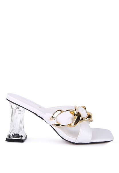 Wandy Clear Twist Heel Sandals | Square Toe Slip-On with Metal Chain Detail