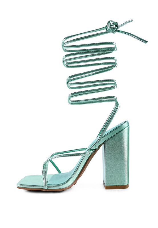 SheWolf Lace-Up High Heel Block Sandals | Metallic Square Toe Tie-Up Dress Sandal Mint 6.5