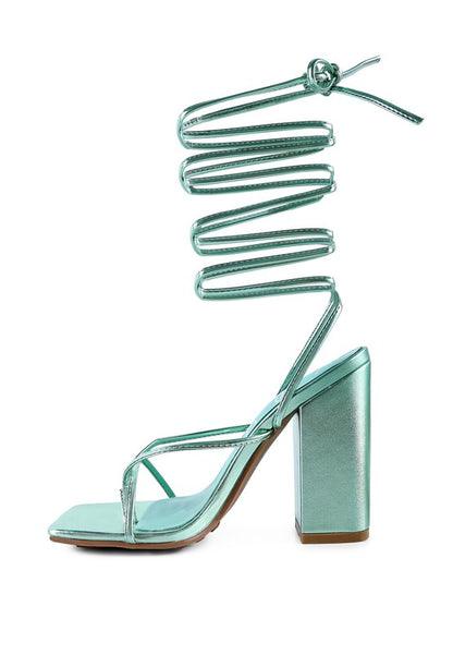 SheWolf Lace-Up High Heel Block Sandals | Metallic Square Toe Tie-Up Dress Sandal Mint 6.5
