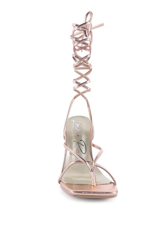 SheWolf Lace-Up High Heel Block Sandals | Metallic Square Toe Tie-Up Dress Sandal Rose Gold 10