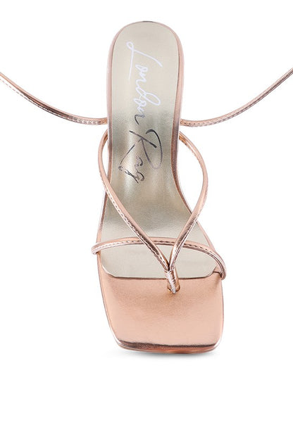 SheWolf Lace-Up High Heel Block Sandals | Metallic Square Toe Tie-Up Dress Sandal Rose Gold 8