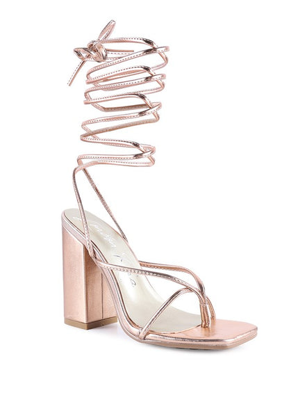 SheWolf Lace-Up High Heel Block Sandals | Metallic Square Toe Tie-Up Dress Sandal Rose Gold
