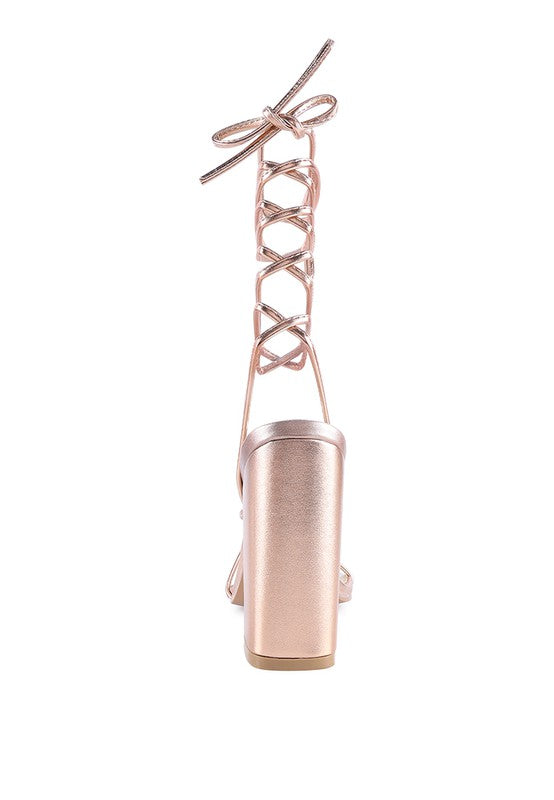 SheWolf Lace-Up High Heel Block Sandals | Metallic Square Toe Tie-Up Dress Sandal Rose Gold 9