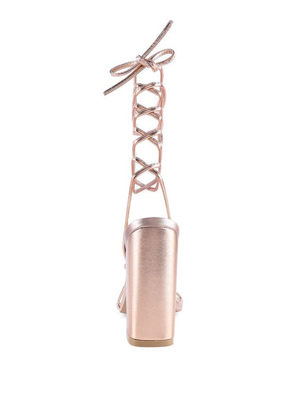 SheWolf Lace-Up High Heel Block Sandals | Metallic Square Toe Tie-Up Dress Sandal Rose Gold 9
