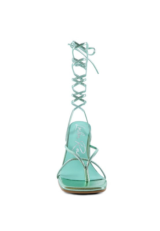 SheWolf Lace-Up High Heel Block Sandals | Metallic Square Toe Tie-Up Dress Sandal