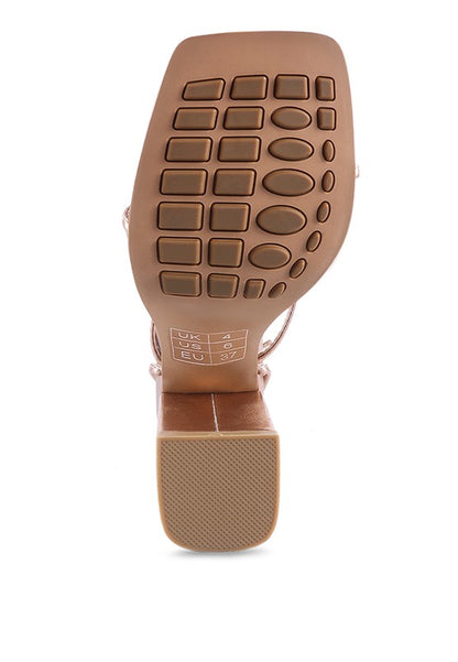 SheWolf Lace-Up High Heel Block Sandals | Metallic Square Toe Tie-Up Dress Sandal Rose Gold 6