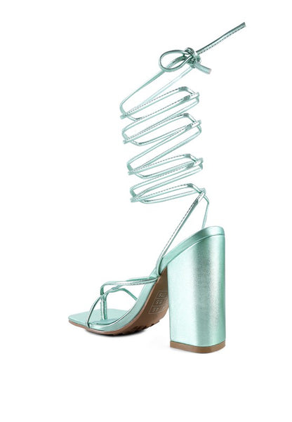 SheWolf Lace-Up High Heel Block Sandals | Metallic Square Toe Tie-Up Dress Sandal Mint 8