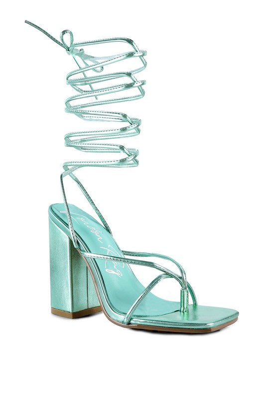 SheWolf Lace-Up High Heel Block Sandals | Metallic Square Toe Tie-Up Dress Sandal Mint