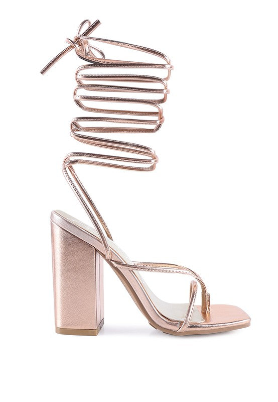 SheWolf Lace-Up High Heel Block Sandals | Metallic Square Toe Tie-Up Dress Sandal