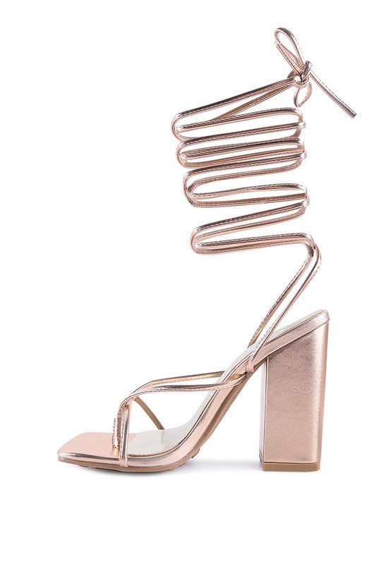 SheWolf Lace-Up High Heel Block Sandals | Metallic Square Toe Tie-Up Dress Sandal