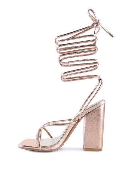 SheWolf Lace-Up High Heel Block Sandals | Metallic Square Toe Tie-Up Dress Sandal