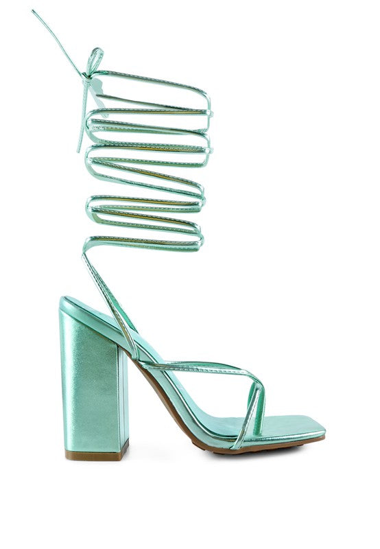 SheWolf Lace-Up High Heel Block Sandals | Metallic Square Toe Tie-Up Dress Sandal
