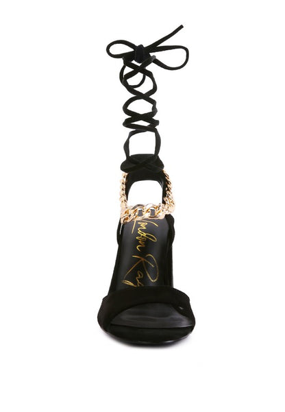 Rag & Co. Gone Gurl Metal Chain Lace Up Block Heel Sandals Black 9