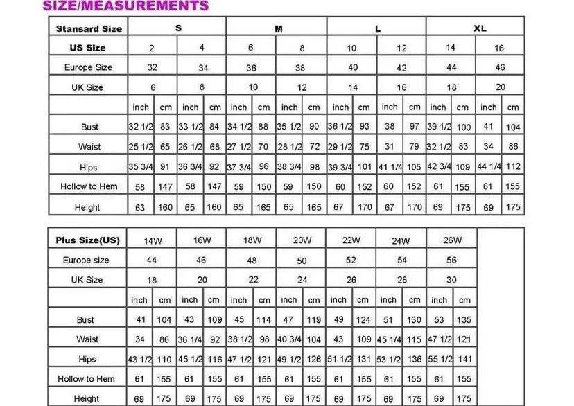 Size measurement chart for clothing with US, European, and UK size conversions.