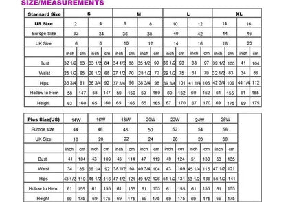 Size measurement chart for clothing with US, European, and UK size conversions.