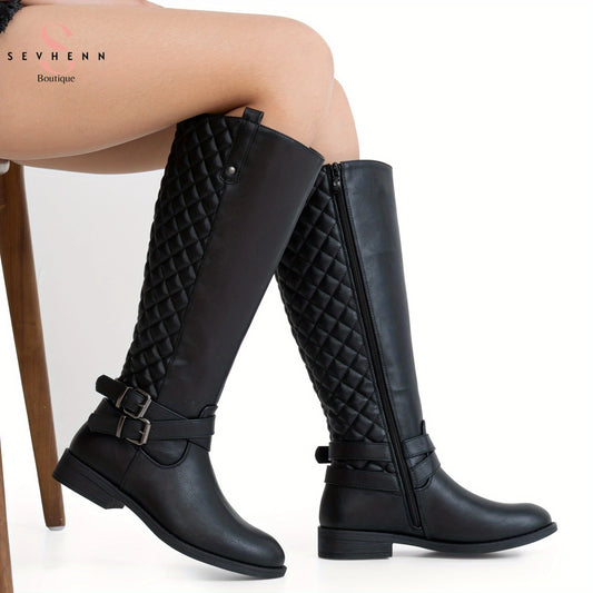 Women's Quilted Knee High Calf Boots with  Side Zipper