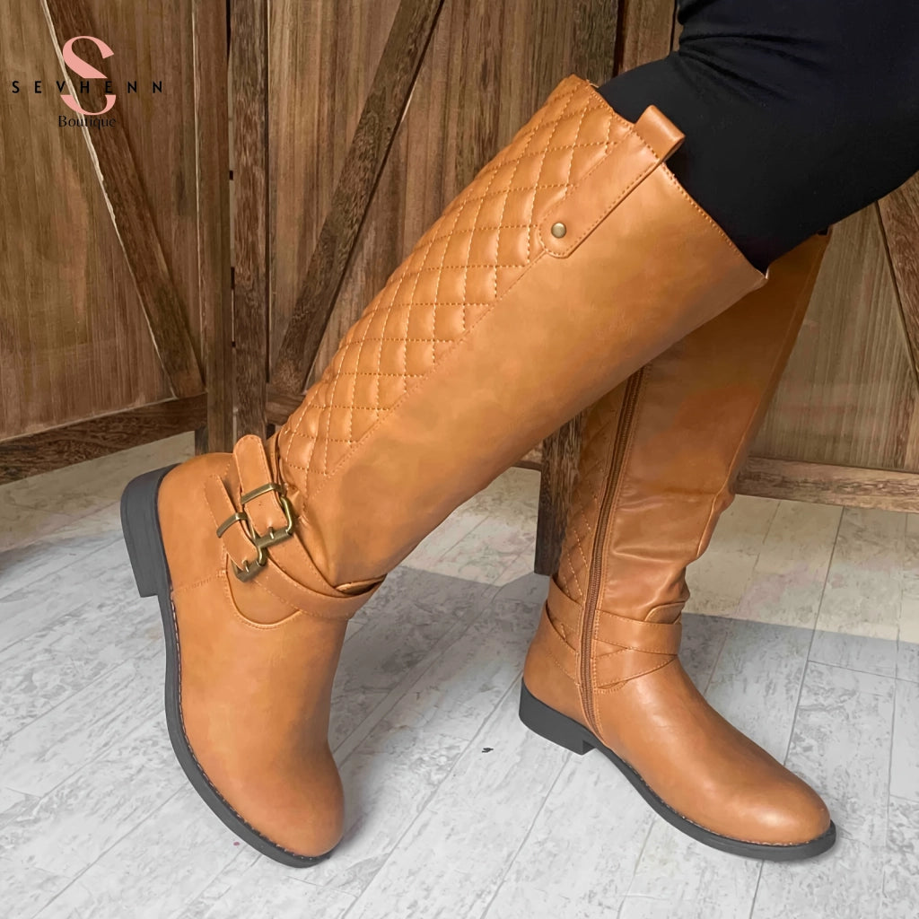 Women's Quilted Knee High Calf Boots with  Side Zipper