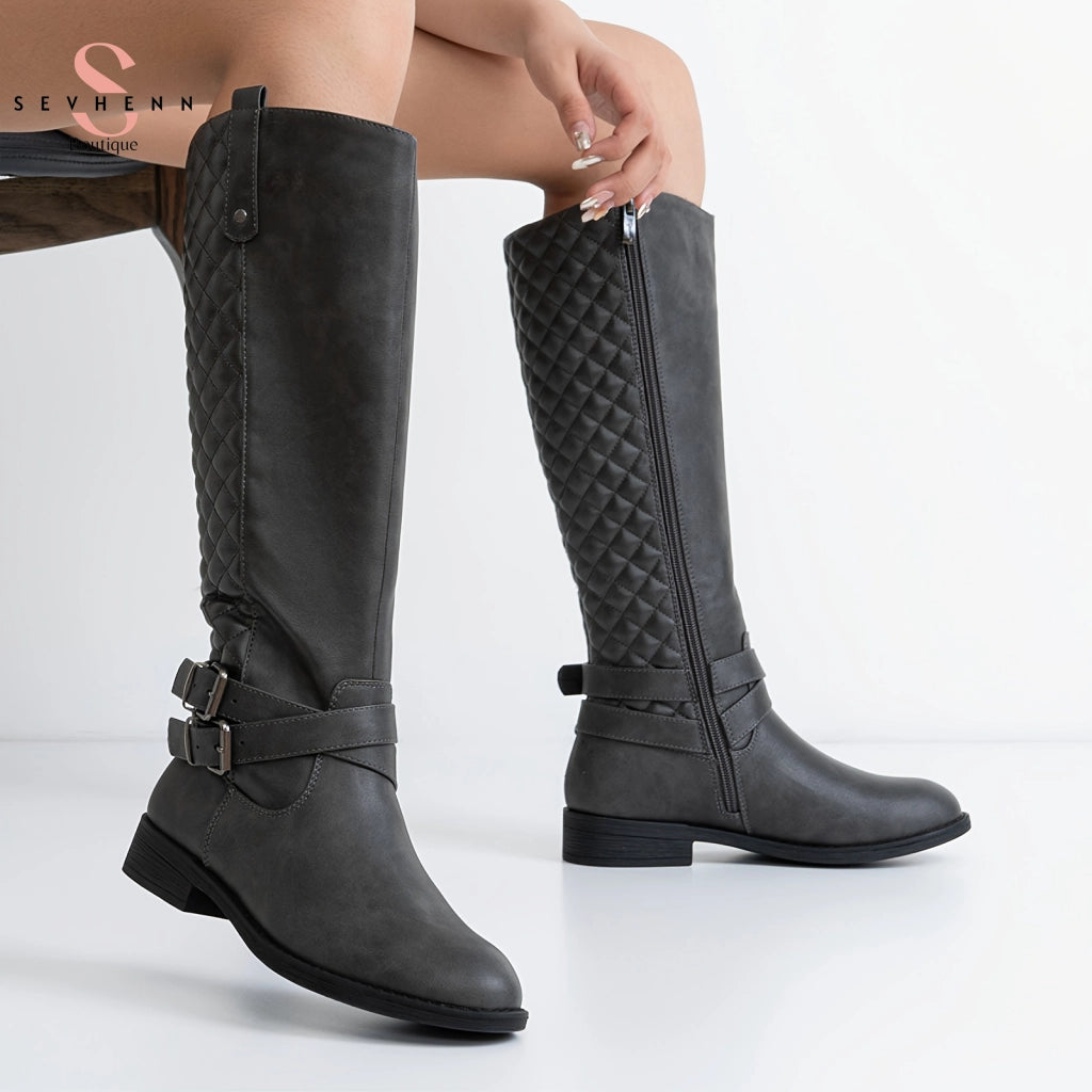 Women's Quilted Knee High Calf Boots with  Side Zipper