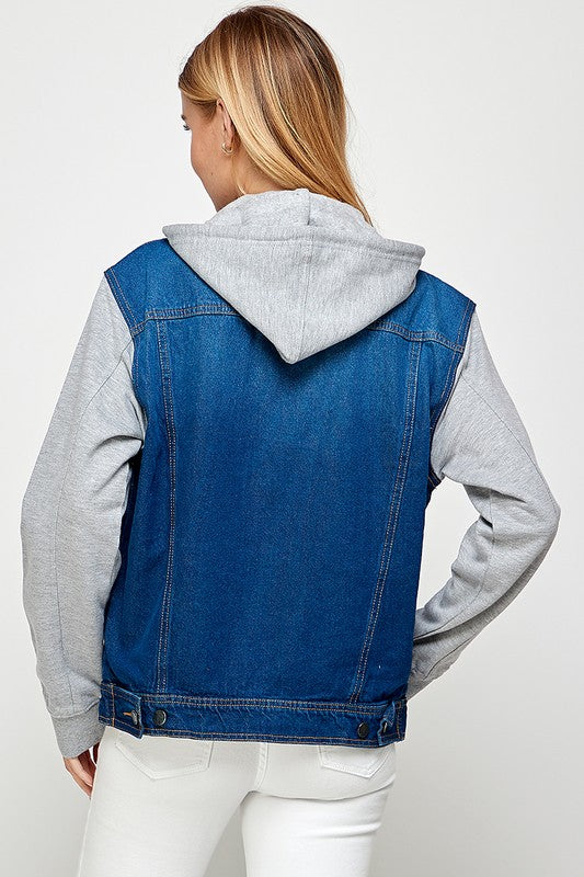 Women's Denim Jacket with Fleece Hoodie – Contrast Sleeves & Detachable Hood
