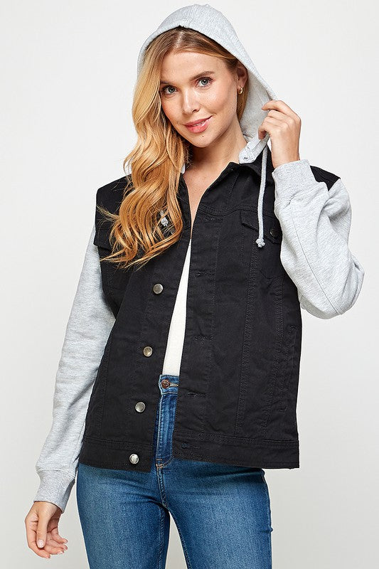 Women's Denim Jacket with Fleece Hoodie – Contrast Sleeves & Detachable Hood