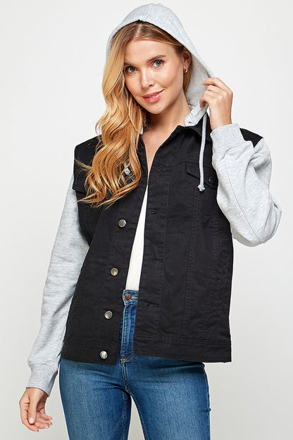 Women's Denim Jacket with Fleece Hoodie – Contrast Sleeves & Detachable Hood